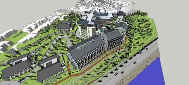 Sketchup Hotel Model | Multi story Mountain Hotel, New Chinese Style