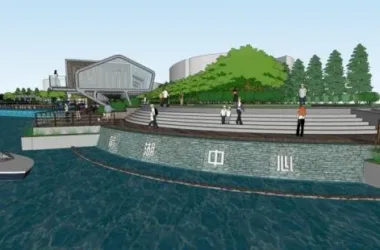 SketchUp Landscape Model: Modern Waterfront Plaza with Dam, Commercial Buildings, and Single-Story Club-BIM WORLD