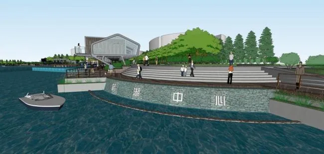 SketchUp Landscape Model: Modern Waterfront Plaza with Dam, Commercial Buildings, and Single-Story Club