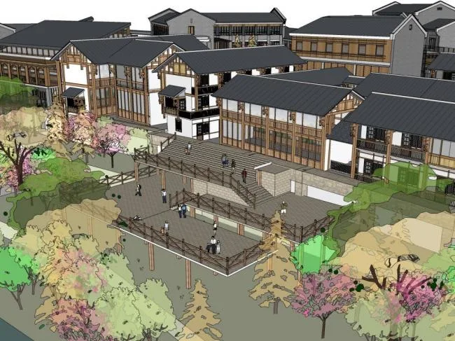 Sketchup Business Model | Multi-story Commercial Street, New Chinese Style