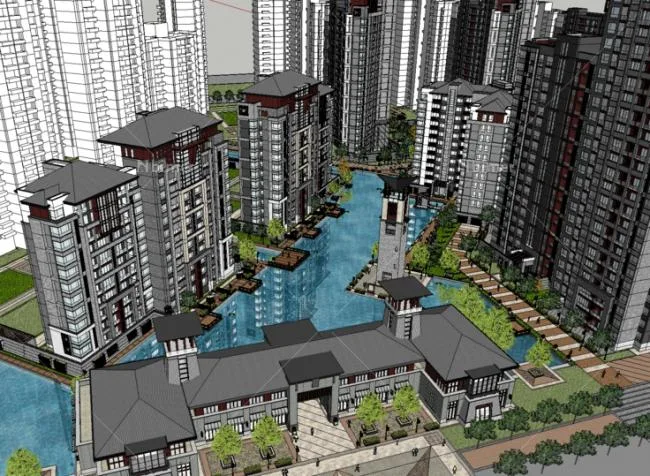 Sketchup Residential Model | Zhongjian Xi'an Daming Palace, Classical Style, High Rise Residential Complex and Landscape Courtyard