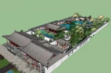 SketchUp Landscape Model Featuring Chinese Garden, Pavilion, Park, Dam, and Multi-Story Structures-BIM WORLD