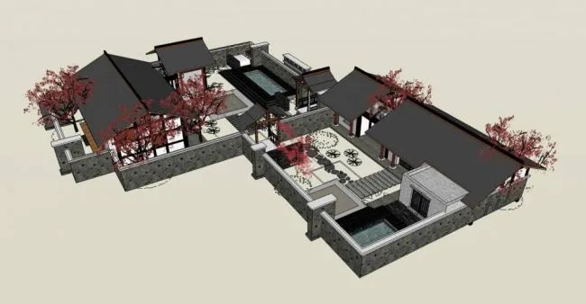 Sketchup Residential Model | Courtyard, Single Story, Landscape Wall, Residential Building, Chinese Style