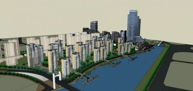 Sketchup Complex Model | High rise urban commercial complex, high-rise residential building, modern style, waterfront landscape