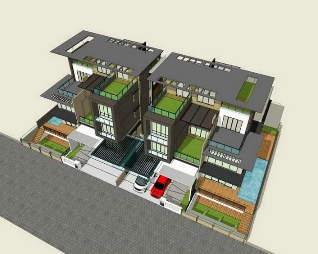 Modern Twin Villa Design in SketchUp Model