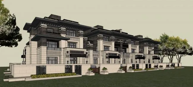 SketchUp Villa Model: Row Houses in Wright-Inspired New Chinese Residential Style