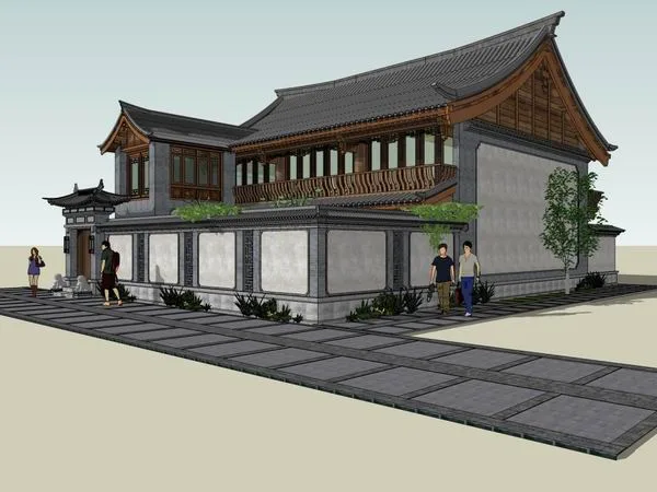 Sketchup Residential Model | Multi story Four bay Courtyard Wall, Chinese Style