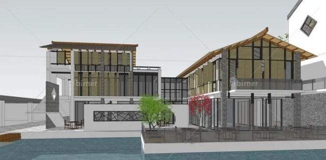 Sketchup Business Model | Multi story Commercial Club, New Chinese Style, Landscape, Water Landscape