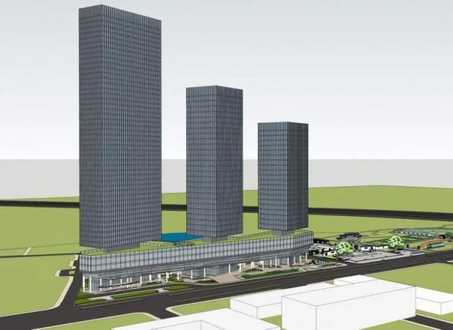 Sketchup office model | high-rise office building, modern style, Chinese memorial archway