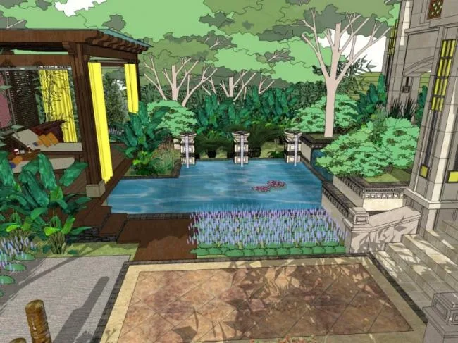 Sketchup Landscape Model | Villa Landscape, Courtyard Landscape, Classical Style
