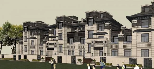 Sketchup Villa Model | Row Villa, Wright, New Chinese Style, Residential Architecture