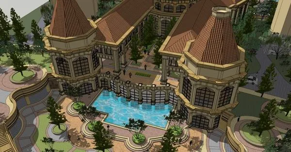 Sketchup Residential Model | Multi story community clubhouse and sunken plaza, residential, classical style