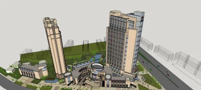 Sketchup Complex Model | High rise commercial complex, residential apartments, hotel offices, multi story commercial podium, neoclassical style