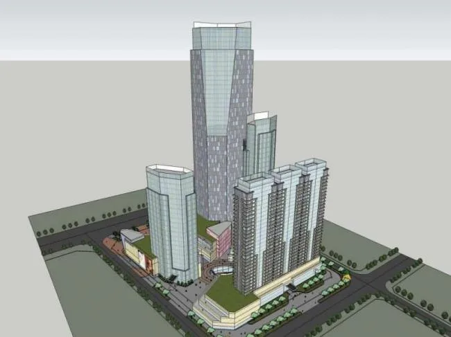SketchUp Complex Model: Modern Super High-Rise Office with Ground Floor Commercial Spaces