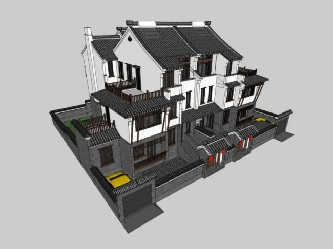 Sketchup Villa Model | Twin Villa, Modern Chinese Style