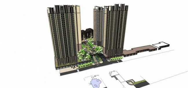 Sketchup Residential Model | High rise residential building, community, neoclassical style, entrance landscape, commercial podium, residential building
