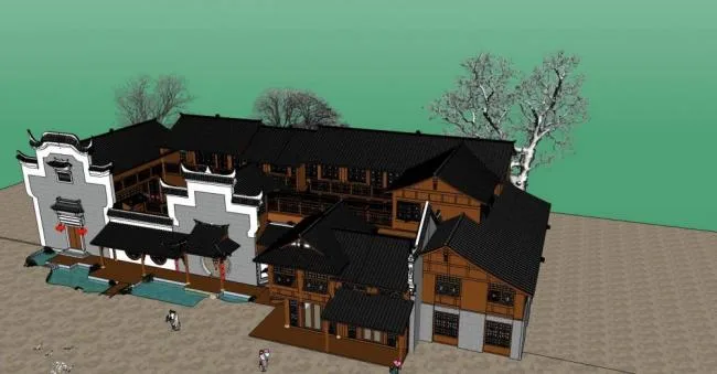 SketchUp Business Model: Multi-Story Chinese-Style Clubhouse and Commercial Building