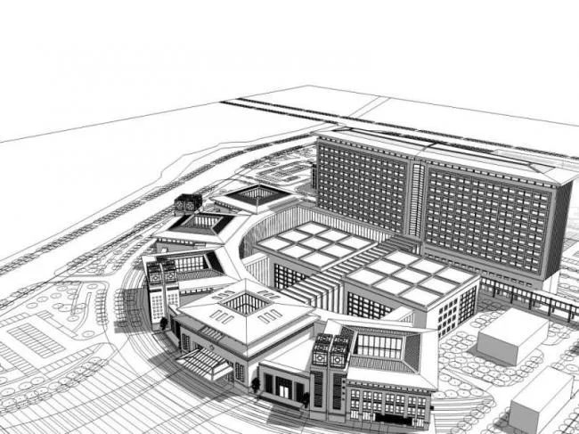 Multi-Story Chinese-Style Hospital Model in SketchUp-BIM WORLD