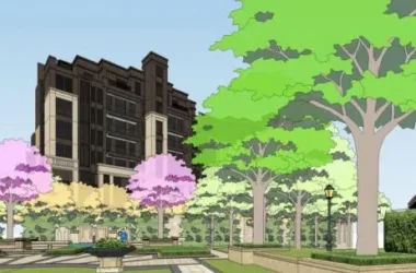 SketchUp Residential Model: Neoclassical High-Rise with Community Entrance, Landscape, and Commercial Podium-BIM WORLD