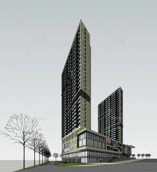 Sketchup Complex Model | Multi story mixed use commercial complex, high-rise residential, ground floor commercial, modern style