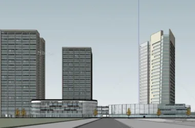 SketchUp Business Model: Modern Multi-Story Mixed-Use Office Building with Commercial Street and Podium-BIM WORLD
