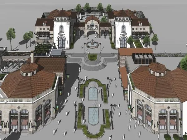 Sketchup Business Model | Multi story commercial street, pedestrian street, classical Spanish style
