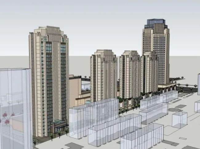Sketchup Complex Model | High rise office building, ground floor commercial, multi story complex, classical style