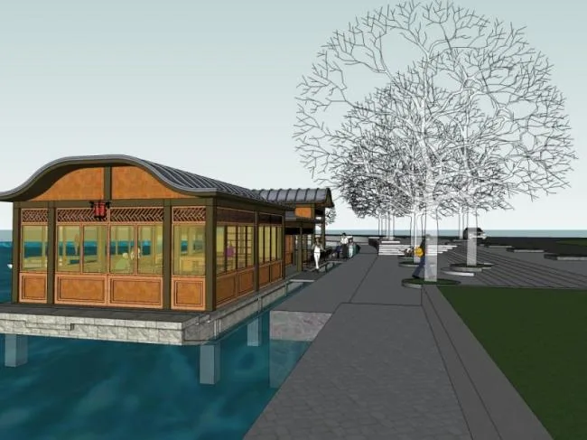 Sketchup Landscape Model | Waterfront Landscape, Teahouse, Oriental Neoclassical Style, Chinese Style