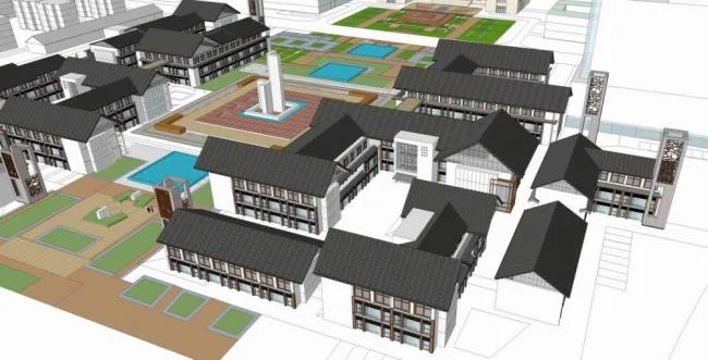 SketchUp Business Model: Multi-Story Commercial Street in Chinese Style