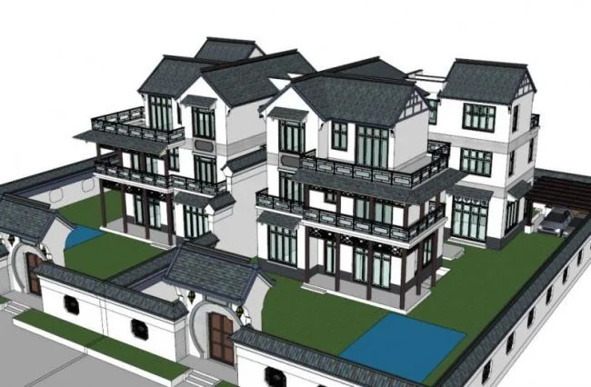 Sketchup villa model | Huizhou style duplex villa, modern Chinese style