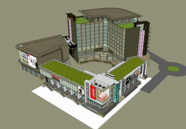 Sketchup Hotel Model | L-shaped hotel, commercial podium, street side commercial, modern style