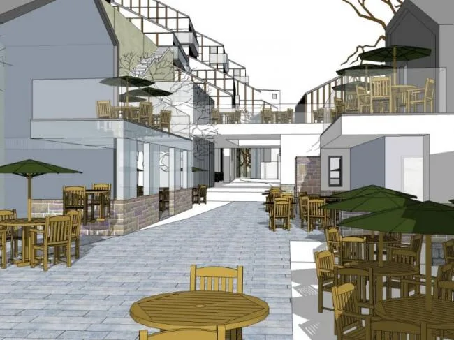 Sketchup Business Model | Multi story riverside commercial street, modern style