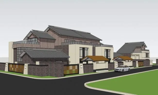 Sketchup Residential Model | Multi-row Villa, Twin Villa, New Chinese Style