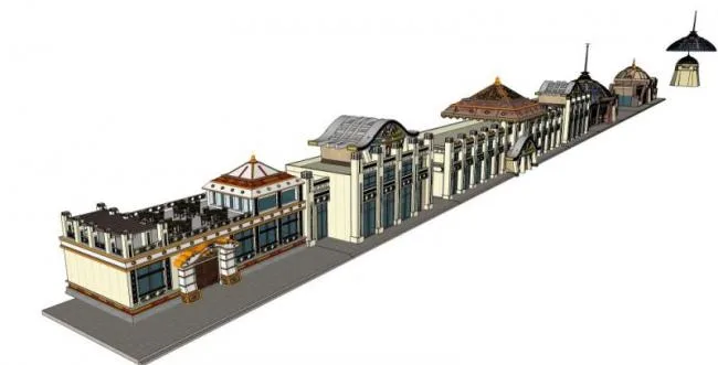 Sketchup Business Model | Low rise restaurant building, classical style