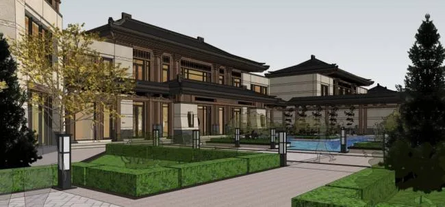 Sketchup Hotel Model | Large vacation club, hotel, townhouse, Chinese style