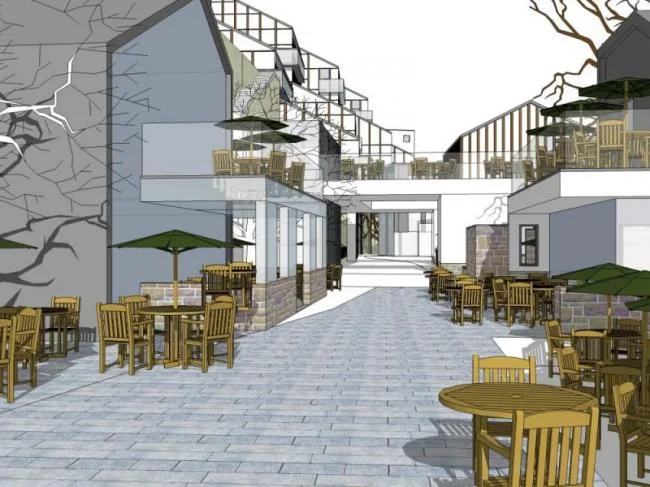 Modern Multi-Story Riverside Commercial Street Business Model in SketchUp