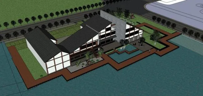 Sketchup Business Model | Multi story lakeside clubhouse, commercial building, new Chinese style