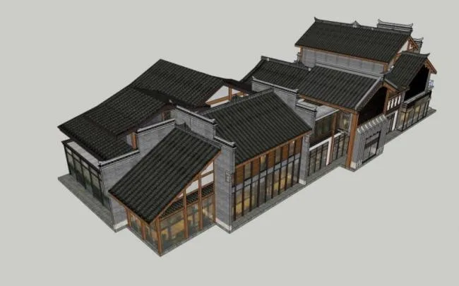 SketchUp Business Model: Multi-Story Commercial Street Inspired by Chinese Architecture
