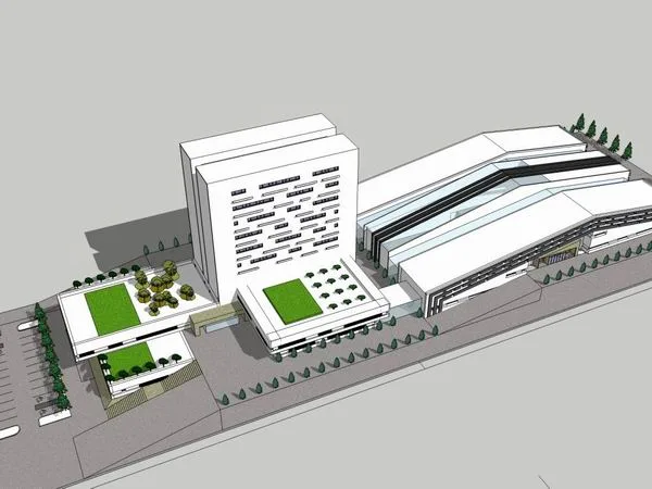 Sketchup office model | Multi story sloping office building, modern style