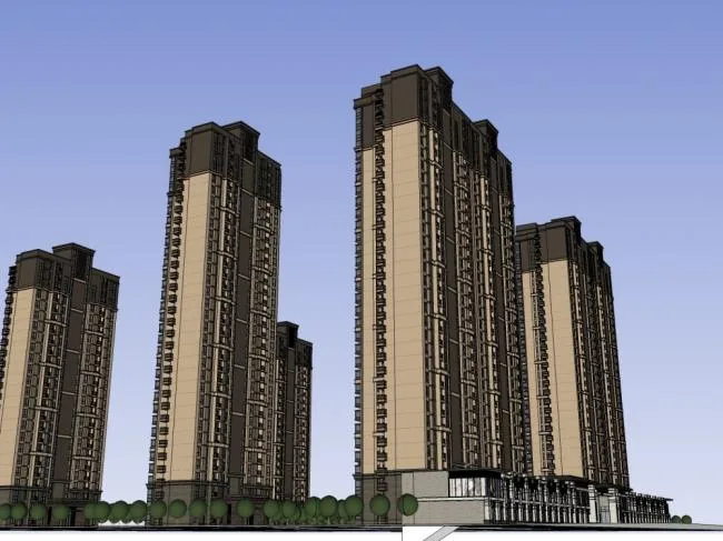 Sketchup Residential Model | High rise residential building, street side commercial, classical style, 22+32 floors