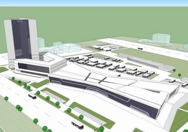 SketchUp Design: Multi-Story Transit Hub with High-Rise Offices in Modern Architectural Style