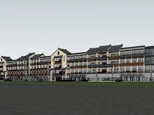 SketchUp Business Model: Modern Multi-Story Commercial Street in Chinese Style