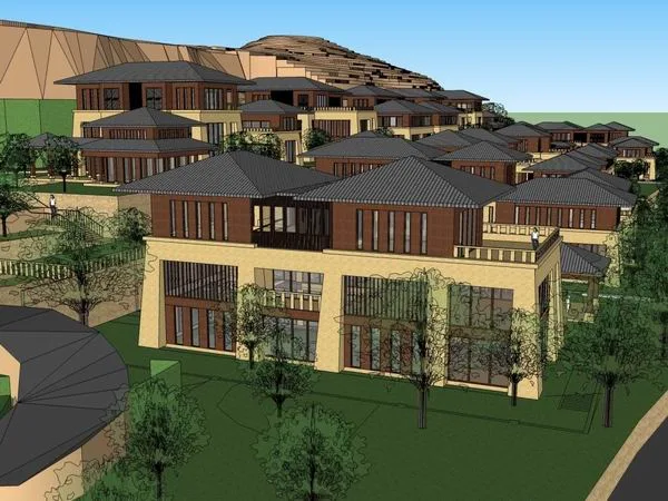 Sketchup Hotel Model | Multi story Mountain Hotel, Chinese Style, Han Tang Style