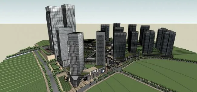 SketchUp Model of a Modern Super High-Rise Urban Complex Featuring Offices, Hotels, Apartments, and a Multi-Level Shopping Mall