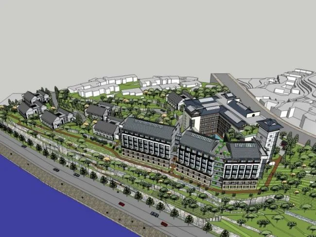 SketchUp Multi-Story Mountain Hotel Model with Chinese Architectural Style
