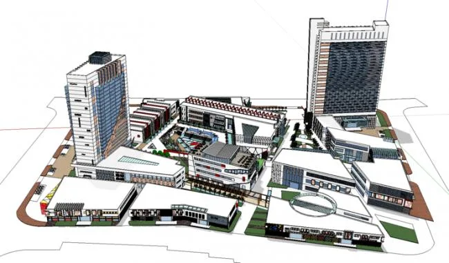 SketchUp Complex Model: Multi-Story High-Rise Mixed-Use City Center with Commercial Streets, Shopping Mall, and Modern Hotel