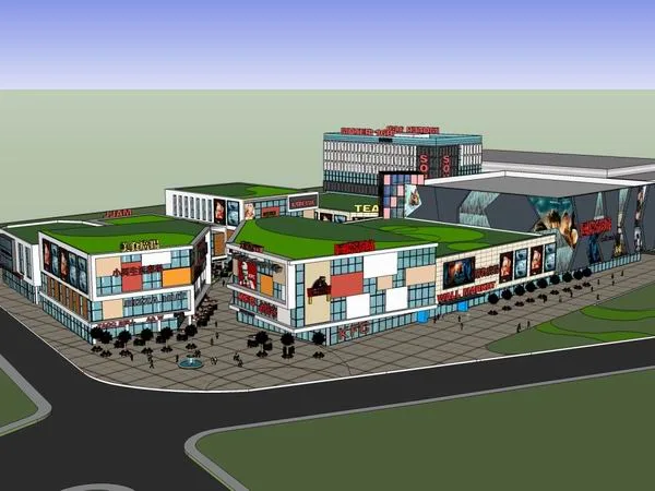 Sketchup Business Model | Multi story commercial plaza, pedestrian street, modern style