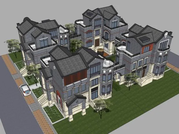 Sketchup Villa Model | Twin Villa Courtyard, Classical Style