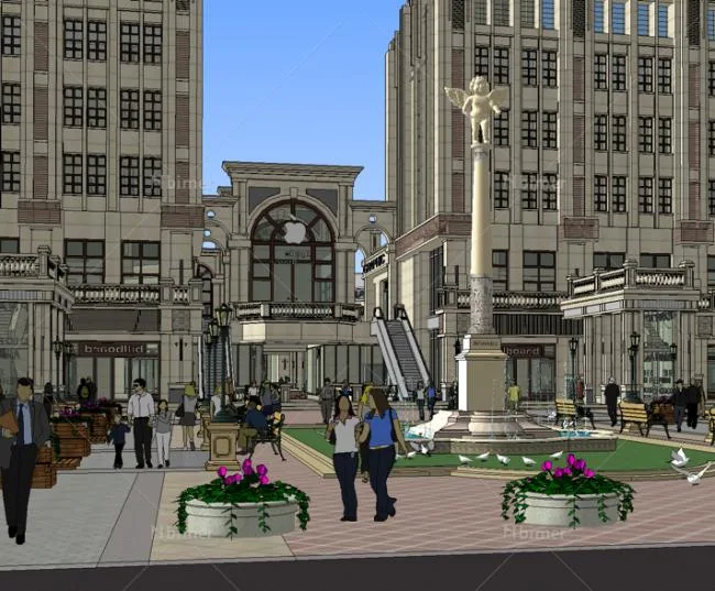 Sketchup Complex Model | Multi story High rise Complex, Commercial Street Office Building Apartments, Classical Style