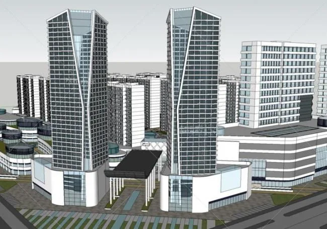 SketchUp Complex Model: Modern Multi-Story Urban High-Rise Mixed-Use Development